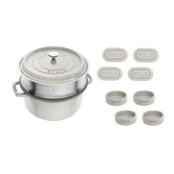 STAUB 圆形炖锅 24cm/3.8L (连蒸笼) 松露白 STAUB 陶瓷餐具座4件 松露白 STAUB 陶瓷调味碗4件 50ml 松露白